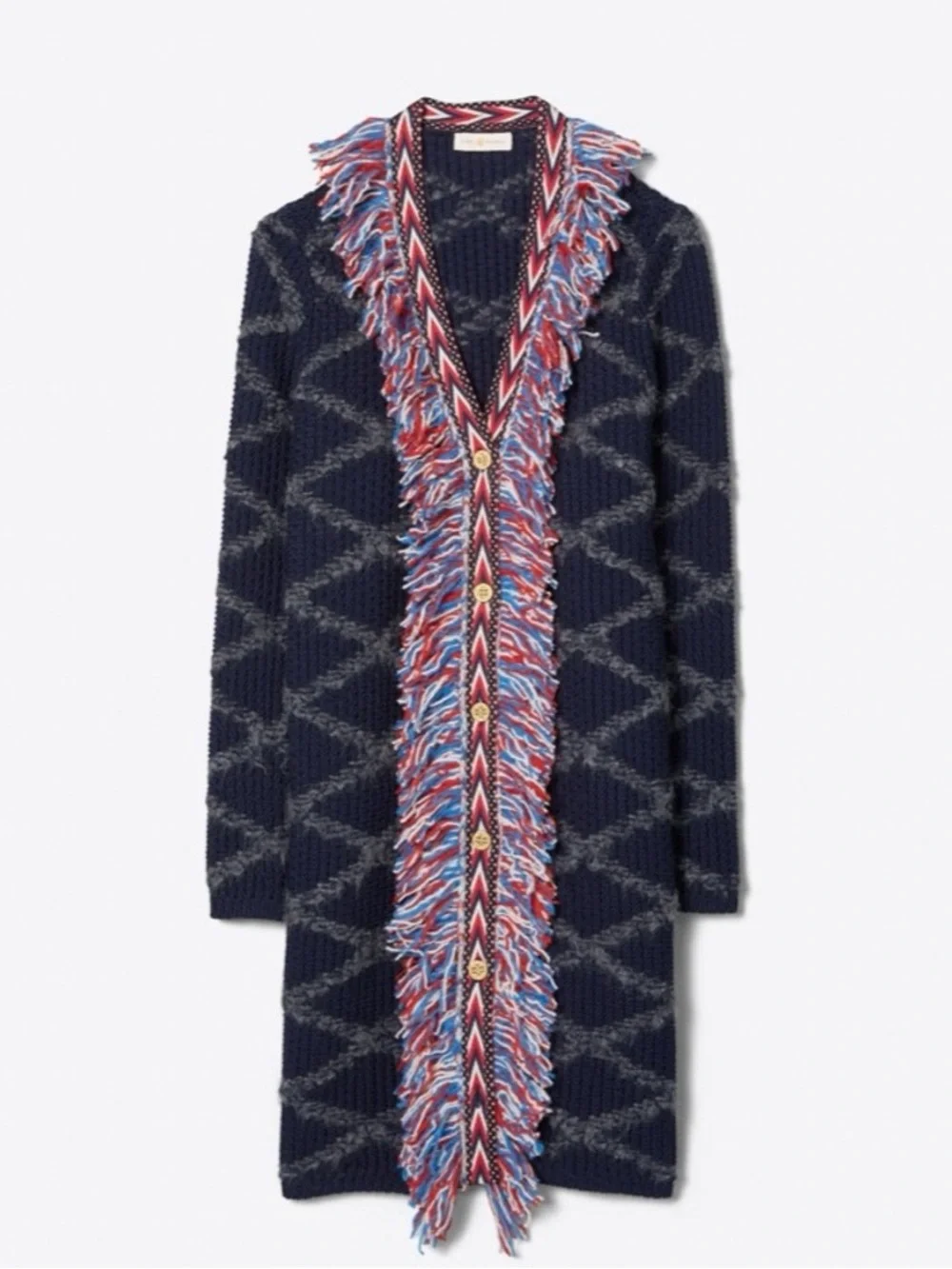 Tory Burch Tweed Trim Long Cardigan in Tory Navy Size XS